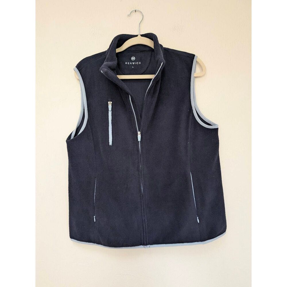 Renwick Womens Fleece Mock Neck Pockets Full Zip Golf Vest Navy Blue Size Large
